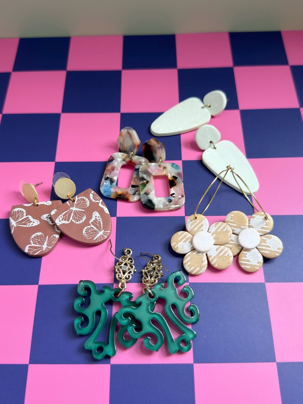 5 Pair Assorted Statement Earrings - Floral, Resin & Geometric Styles